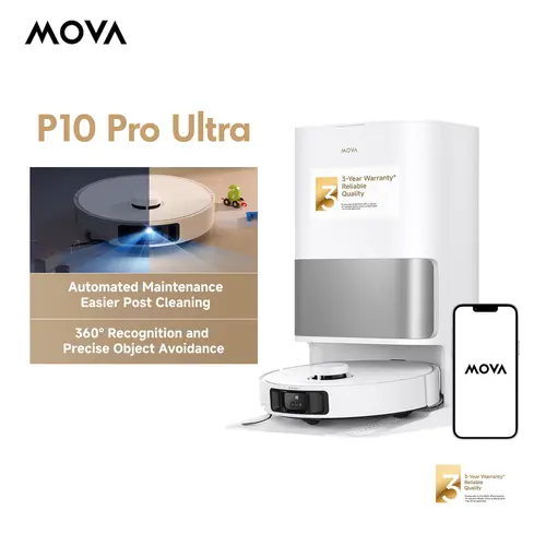 Mova P10 Pro Ultra Robot Vacuum and Mop with Self-Emptying, Robotic Vacuum with 13,000Pa Suction Vacuum Cleaner and 360°Obstacle Avoidance, 140°F Hot Water Auto Mop Washing&Drying, 10.5mm Mop Lifting for Carpet, App Control, Dual Extensions