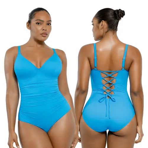 Shapellx Women's Back Drawstring One-piece Swimsuit V-neck Elastic Triangle-Cut Bottom Customizable Shoulder Band Removable Swimwear