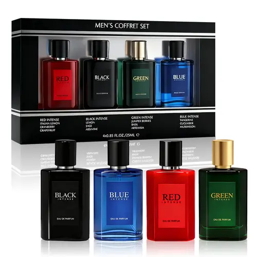 Men's 4-Piece Sustainable Eau De Toilette Spray Gift Box - 0.85 Fl Oz/Bottle Wood Cologne, Long-Lasting Fragrance, 4 Different Flavors, Contains Alcohol, Perfect for Gifts for Boyfriends, Holiday Use