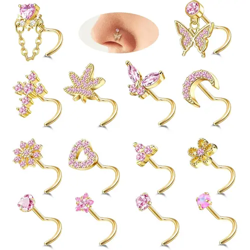 Charm Cute Summer Glow Dainty Nose Piercing Jewelry 20G L-Shaped Corkscrew Studs with Pink CZ Opal, Heart/Star/Butterfly/Moon Charms Cubic Zirconia, Body Jewelry, Accessories For Women, Nose Stud