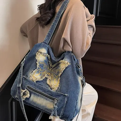 Women's Butterfly Embroidery Tote Bag, Fashionable Large Capacity Shoulder Bag for Daily Used, Casual Trendy Versatile High-quality Daily Commuting Bag