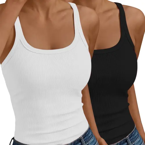 Women's Solid Ribbed Tank Top, Elastic Basic Vest, Casual Sleeveless Top for Summer, Ladies Clothes for Daily Wear, Summer Tops