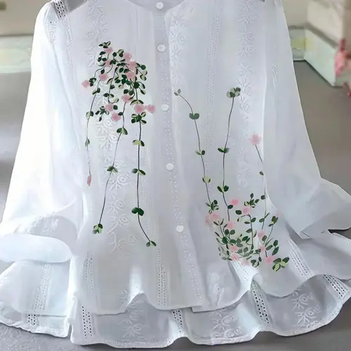 Women's Floral Print Long Sleeve Fit Shirt Blouse Button Down Shirt, Chic Feminine Elegance Casual Button Top for Summer, Ladies Clothes for Daily Wear