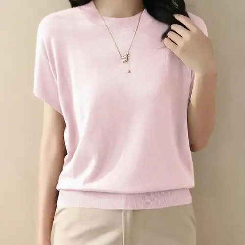 Women's Plain Round Neck Sweater Knitwear, Casual Short Sleeve Crew Neck Jumper for Summer, Fashion Women's Top for Daily Wear