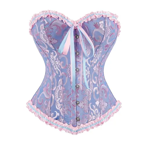 Women's Lace Up Boned Overbust Corset Top Bustier Lingerie Bodyshaper Top Halloween Costumes Shapewear Gothic Party Outfit Floral Blue Witchy Clothing 819AJ-D3