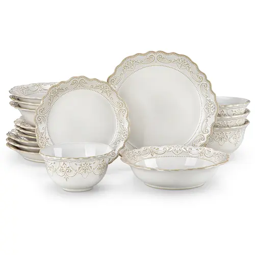 MALACASA GISELLE 16-Piece Ceramic Stoneware Dinnerware Set - Elegant Blue & White Embossed Detail, Smooth Glaze, Oven-Safe, Dishwasher-Safe Tableware for Formal Dining, Everyday Use, Housewarming Luxury Gift-Ready Packaging