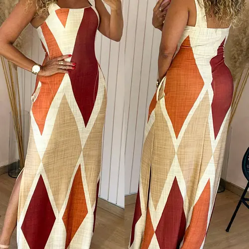 CHICME Women's Geometric Print Thick Strap Line Dress Casual Slim Fit Slit Maxi Dress with Pockets Summer Vacation Sundress Bohemian Split Dress Bohemian Style Dress