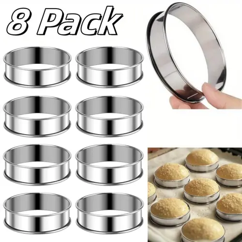 8/12PCS Double Rolled Crumpet Rings English Muffin Rings Nonstick Stainless Steel Pastry Tart Rings for Baking Round Egg Ring Molds Kitchen Cooking Baking Accessories