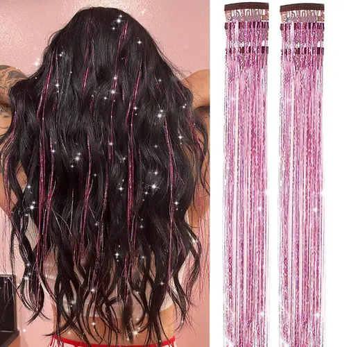 N NAYASA Clip-in Sparkly Fairy Hair Tinsel Synthetic Extensions Kit - 6 Pcs 24in Polyester Strands with Metal Clips, Festival Party Accessories (Fairy Hair Tinsel Synthetic Extensions & Pieces) for Women