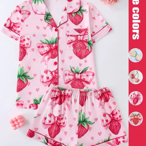 Women's Strawberry & Heart Print Lapel Neck Shirt & Shorts Matching Pyjama Two-piece Set, Ladies Sleepwear for All Seasons, Loungewear, Top Pajamas