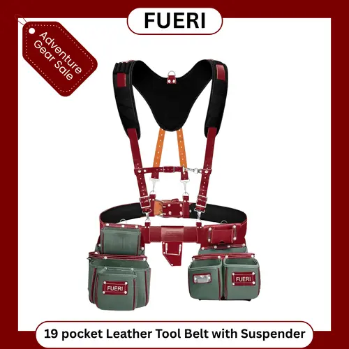 FUERI Nylon & Leather Tool Bag Organizer - Heavy-Duty Construction Work Accessory with Suspender Support, 19-Pocket Multi-Compartment Design, Adjustable Foam Padding Waistband, 4 D-Loops, Hammer Holder (Green/Black)