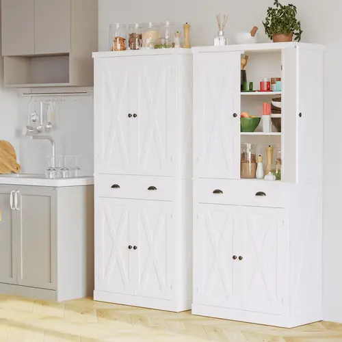 IRONCK Freestanding Wooden Storage Cabinet - 72.6" H Floor-to-Ceiling Modern Classic Cross-Shaped Adjustable Pantry with Barn Doors, Drawer, 4 Adjustable Shelves for Dining Room, Living Room