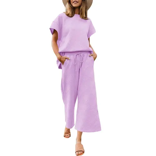 FISOEW Women's Soft Cozy 2-Piece Matching Set - Casual Textured Loungewear with Short Sleeve Top & Drawstring Cropped Wide Leg Pants
