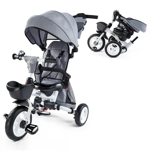 JMMD 7-in-1 Folding Toddler 3-Wheel Bike (18 Months-5 Years) - Metal Frame Traveling Stroller with Adjustable Handle, Safety Harness, Wheel Brakes, Removable Canopy, Storage, Parent Handle (Grey Ride-on Toy Gift)