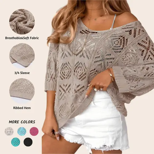 Imily Bela Womens Crochet Cover Up Top Summer 3/4 Sleeve Off Shoulder Sweater Shirts Mesh Boho Beach Swimsuit Coverup