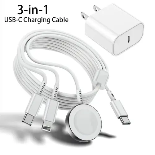 GQOHRT MFI Certified Durable 3-in-1 USB-C Electronic Mobile Charging Combo with Adapter & Plug, Magnetic Watch Fast Charging Cable for Smart Watch 9/8/7, Smartphone 16/15/14/13, Tablet, Men's Gift Idea