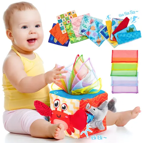 hahaland Baby Tissue Box Toy Marine Life - Montessori Toys for 6 Month Old with Textured Tails, Cloth Tissues, Crinkle, Squeaky Sounds, Mirror - Easter Basket Stuffers for Babies Gifts Sensory Nursery Learning Toddlers Valentine's Day Gift for Kids Magnet