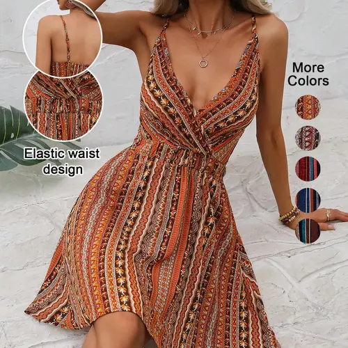 Women's Summer Classic Striped V-Neck Backless Belted, Bohemian Boho Elegant Style, Casual Wear, Sleeveless Short Dress for Vacation Beach, Casual Beachwear, Casual Summer Dresses
