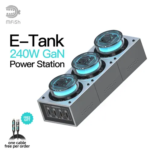 mfish E-Tank 7-in-1 GaN Desktop Charger - 240W High-Output USB-C, 1250W AC Power Hub, 4 USB Ports, 3 AC Outlets, Color Changing RGB Light, for Cellphone, Mobile & Electronic Devices, Gaming Gear