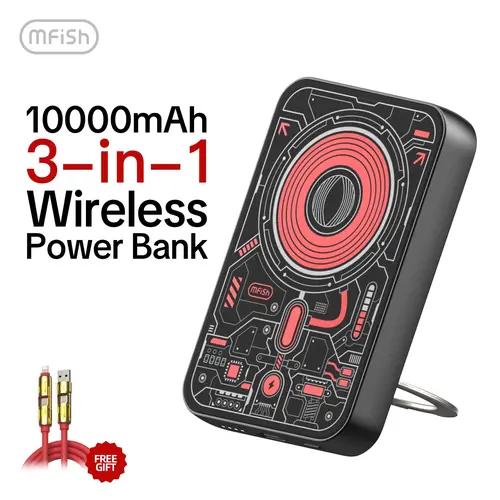 mfish E-Monster 10000mAh Lithium Power Bank - 4-in-1 Foldable Magnetic Wireless Fast Charging, 20W USB-C, Stand, Lightweight Battery Powered for iPhone 17/16/15/14/13/12, Smartphone, Devices, Everyday Carry Mobile Accessory