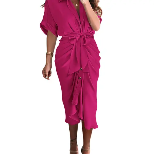 BTFBM 2026 Women Button Down Ruched Shirt Dresses Short Sleeve Lapel V Neck Elegant Party Spring Summer Maxi Satin Dress