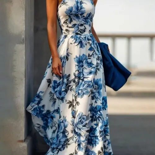 Women's Floral Print Zipper Back High Waist A-Line Dress, Elegant Sleeveless Style Long Dress for Party Holiday Wedding Guest, Ladies Summer Clothes Elegant Dresses Womenswear