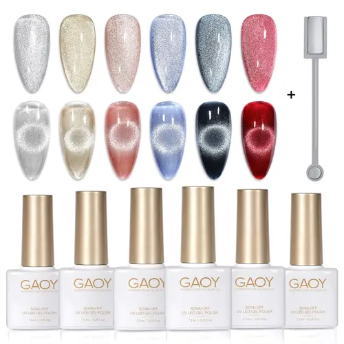 GAOY Super Sparkly Holographic Glitter Cat Eye Gel Polish 6‑Color Set, Fall Winter Trend, Free Magnet, Christmas Holiday Gift, UV LED Soak Off for DIY & Salon Nails