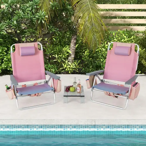 COSTWAY 2 Packs Beach Chair, Folding Backpack Beach Chairs for Adults with 5 Positions, Head Pillow, Cooler Bag, Towel Bar, Cup Holders, Sunbath Sling Tanning Lounge, Foldable Layout Camping Chairs-Deals for You Days，4th of july decor, dad gift