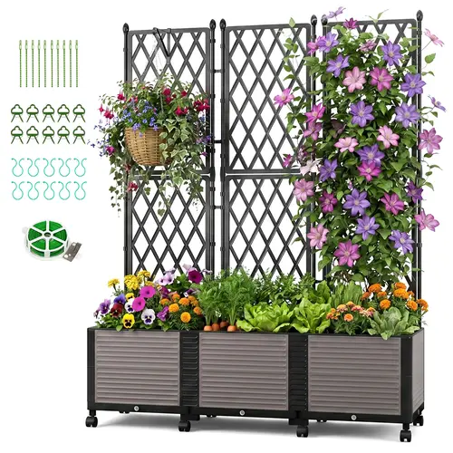 ABORON Modular Raised Garden Bed with Trellis & Wheels - Portable Garden Planters for Busy Gardeners, Tall Expandable Self-Watering Bed with Side Drainage Plug, Free-Standing Privacy Screen for Vine Climbers, 10-Minute Fast Assembly (Patio, Balcony Use)