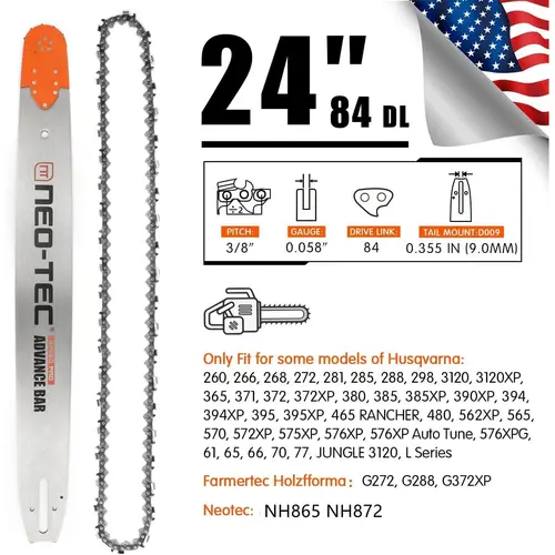 NEO-TEC 24-Inch Rivetquick Nose Laminated Gas Chainsaw Guide Bar + Chain Combo, 3/8 Pitch, 0.058 Gauge, 84DL, Full Chisel Metal, Fits Oregon 248RNDD009, Husqvarna 372XP/G372XP/NH872 for Tree Cutting