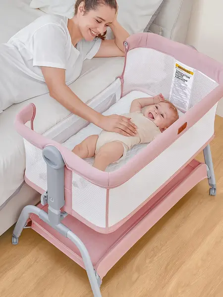 BabyBond 3 in 1 Baby Bassinet, Bedside Sleeper with 4-Sided Mesh, 6 Height Adjustable Bedside Crib for Newborn, Easy Folding Portable Crib with Washable Soft Mattress and Sheet, Storage Basket & Wheels Included, Ideal Gift for Infant-Pink, #Summervibes