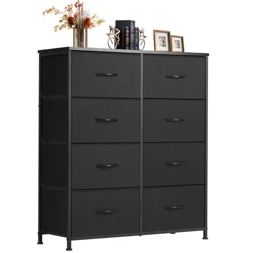 Sweetcrispy Sturdy 8-Drawer Wooden Tower Cabinet with Fabric Bins, Steel Frame, Wooden Top, Sliding Door - Modern Furniture, Dresser Vanity Storage Organizer for Bedroom Drawers, Apartment Small Room Storage