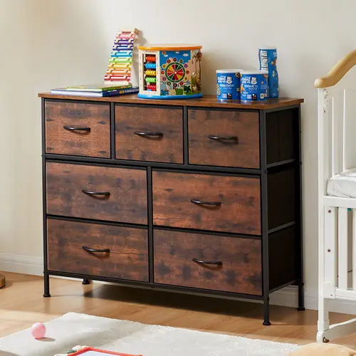 7-Drawer Fabric Bin Storage Organizer - Tall Steel Frame Modern Neutral Multifunctional Cabinet, Dressers, Drawer Chest Sideboard, Bedroom Room Organization Indoor Furniture, Multifunctional Storage Cabinet, Bedroom Dresser