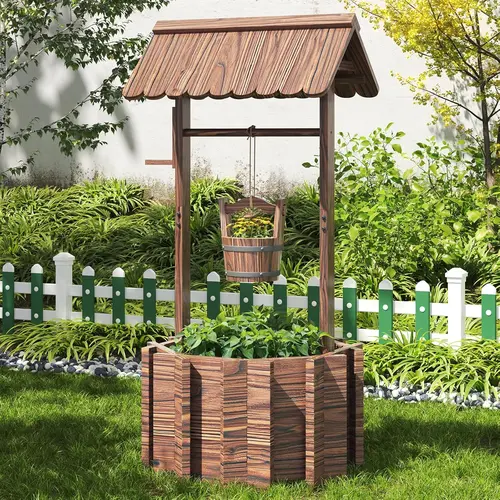 Aoxun Fir Wood Outdoor Wishing Well Planter with Hanging Bucket, 25.6" W Reinforcement Base, Shade Roof, Garden Accessories, Patio Flower & Plant Decor, Yard Decor
