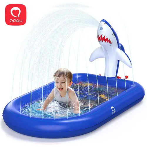 QPAU Splash Pads for Toddlers 1-3, Dark Blue Shark Splash Pad for Kids, Outdoor Play Fun Mat for Babies, Inflatable Sprinkler Pool as Birthday Gifts for 1 Year Old Girl water pump