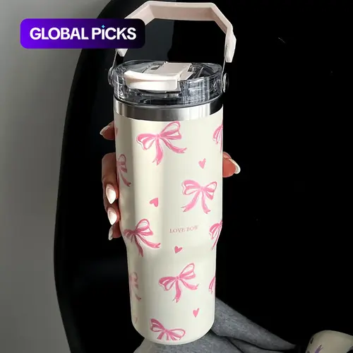 Bow and Heart Pattern Vacuum Insulated Stainless Steel Insulated Drink Tumbler, Flask, Large Water Bottle with Handle and Straw for Home, Office or School, Insulated Travel Tumbler #GLOBAL PICKS