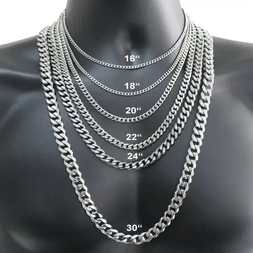 Stainless Steel Cuban Curb Link Chain Necklace for Men - Modern Cuban Style Jewelry, Durable Fashion Accessory, 3/5/7/9/11mm Widths, 18in-30in Lengths, Cool Gifts for Guys, Cuban Style Necklace, Chains