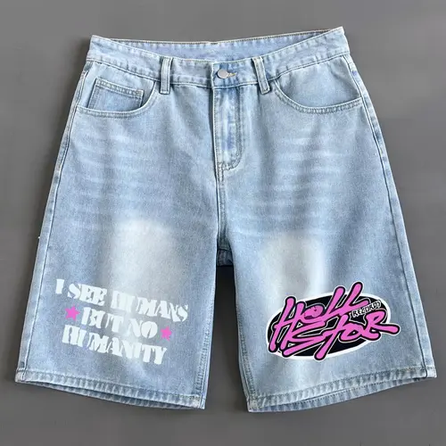 Men's Colorblock Letter Print Denim Jean Shorts, Casual Relaxed Loose Fit Distressed Shorts for Summer, Fashion Men's Bottoms for Daily Wear, Cotton, Graphic Shorts