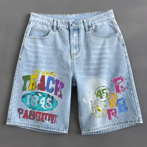 Men's Colorblock Letter Print Denim Clothing Mid Waist Shorts, Light Wash, Denim Streetwear, Casual Fashion Paint Splatter Shorts for Summer, Men's Bottoms for Daily Wear, Menswear
