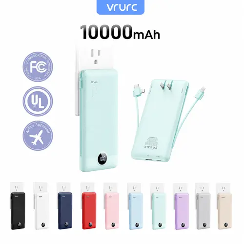 Portable Charger Built-in Cables and AC Wall Plug, VRURC USB C Power Bank 10000mAh, Travel Battery Portable Phone Charger Compact Lightweight External Battery Pack for SmartPhones,Tablets-Viva Magenta #Summervibes