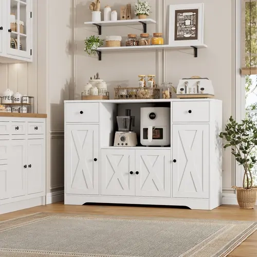 HOSTACK Microwave Cabinet with Charging Station, 47" W Kitchen Storage Cabinet with Microwave Stand, Modern Farmhouse Buffet Sideboard with Drawers and Shelves for Kitchen, Dining Room,familyfun