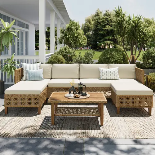 【1/2 Packages Shipping】PHIVILLA Outdoor Wicker Patio Conversation Furniture Set with Acacia Wood Coffee Table Includes Patio Table and Storage Sofa Lounge Classic Durable Rattan Style,TikTokShopBackToSchool