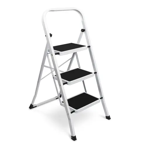 3 Step Ladder, Foldable Steel Stool with Wide Anti-Slip Pedals, Convenient Handgrip, Portable Household Staircase （White）