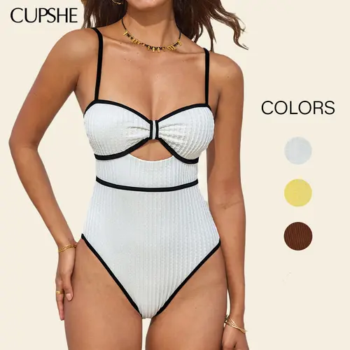 CUPSHE Old Money Aesthetic Ribbed One-Piece Swimsuit | Chic Contrast Piping Knotted Cutout Bathing Suit swimwear | Vintage Nautical Style Monokini for Beach Holiday Bathing suit #DealsForYouDays