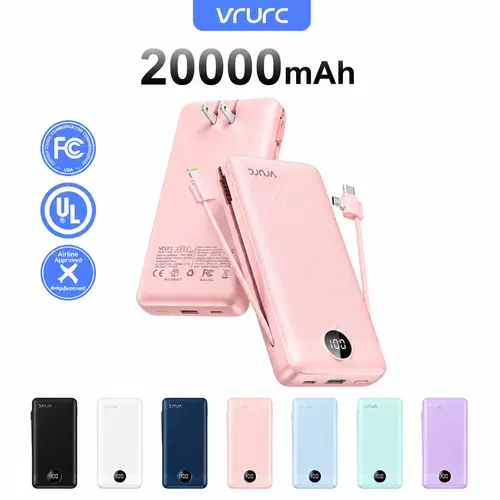 VRURC Compact 20000mAh Portable Charger - 22.5W Fast Charging, 4 Outputs (USB-A Included), 2 Inputs, Foldable AC Wall Plug, LED Display, Digital Accessories for Smartphones, Tablets (Pink, Micro USB/Type-C), Everyday Carry Battery Power Bank