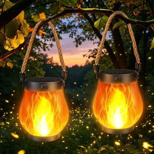 2 Pieces Flickering Flame Solar Outdoor Lights, USB-Dual Charging Waterproof Pendant Lights with Secondary (Rechargeable) Function, Halloween Patio Decor for Yard Porch