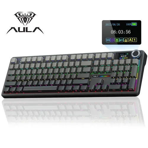 [New]AULA F108 Pro Tri Mode Wireless Mechanical Gaming Keyboard Hot Swappable RGB Backlit Smart Screen and Knob Full Size with Num Pad USB C BT 2.4G for E Sports and Office Use, Keyboards, Rgb Mechanical Feel, Keyboards For Work