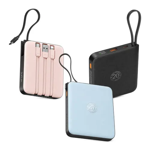 VRURC Ultra-Compact Chargeable Power Bank - 10000mAh Mini Emergency Powerbank, 22.5W/20W Speed Slim Portable Charger, Ultra-Slim 0.7” Thickness, Built-In USB-C Cable, Real-Time LED Screen, for Smartphones & Tablets (Travel Gadget)