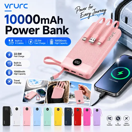 VRURC T17 10000mAh 22.5W Fast Charging Power Bank, 4 Built-in Cables, 5 Output & 3 Input USB-C Battery Pack with Lanyard for Samsung Galaxy - Pink,back to school,back to school haul