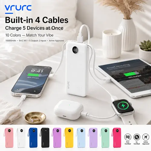 VRURC T116 10000mAh Portable Battery Power Bank, Emergency Battery Pack with 4 Built-in Cables, LED Display, Lanyard for Mobile Devices, iPhone, Samsung, Android, Tablet, iPad, Earbuds (USB-C, Micro USB Compatible), Smartphone, Chargeable